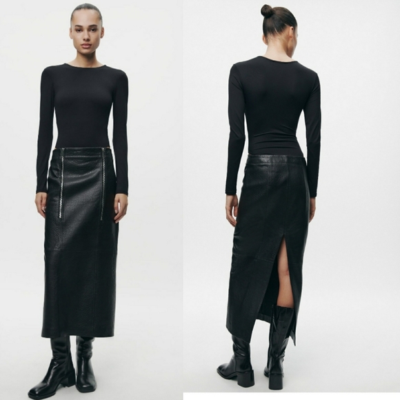 Zara zippered real leather skirt black size Xs new with tag - Picture 2 of 6